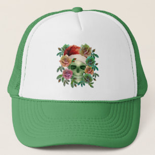 FUNNY SANTA GREEN SKULL AND CHRISTMAS FLORAL TRUCKER HAT