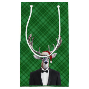 Funny Santa Hat Christmas Deer Green Plaid Small Gift Bag