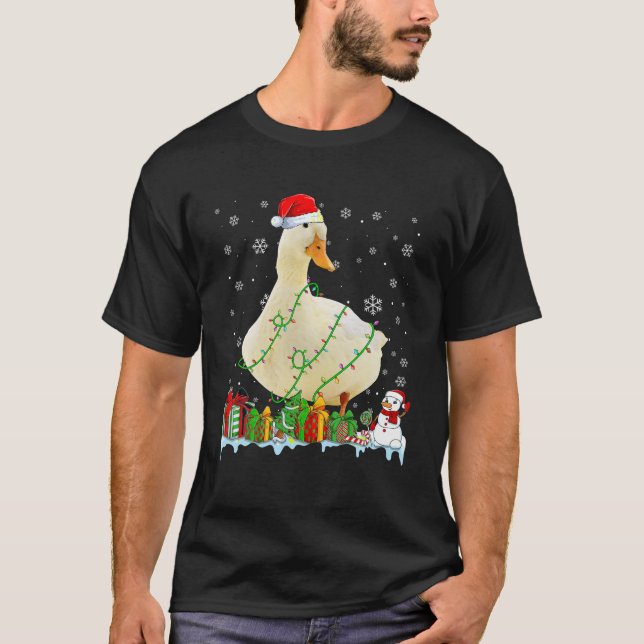 Funny Santa Hat Duck Christmas Lights Animals Love T-Shirt (Front)