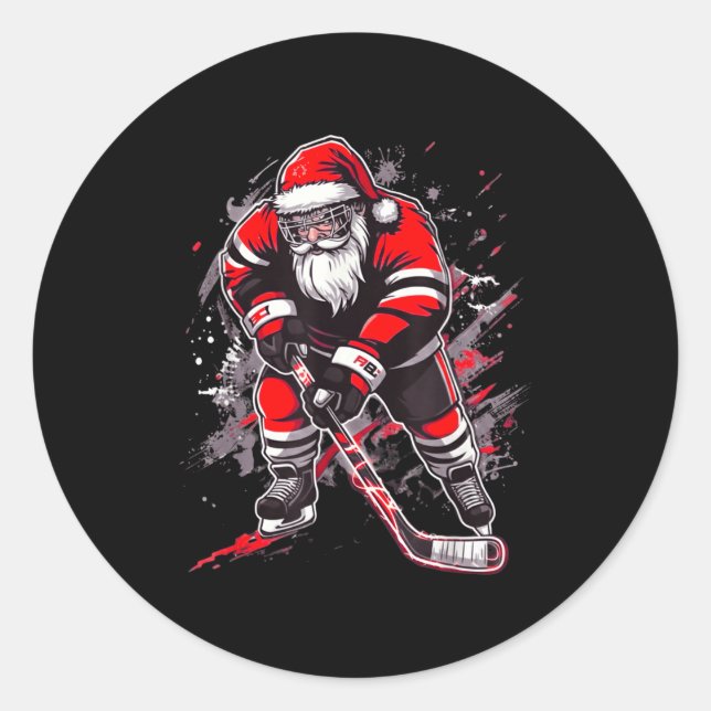 Funny Santa Hockey Christmas Retro Winter Player X Classic Round Sticker (Front)