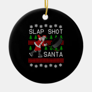 Funny Santa Hockey Puck Ugly Christmas Slap Shot S Ceramic Ornament