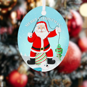 Funny Santa Ice Fishing With Polar Bear Metal Tree Decoration