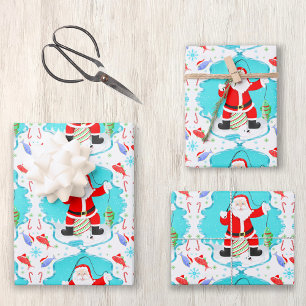 Funny Santa Ice Fishing With Polar Bear Pattern Wrapping Paper Sheet