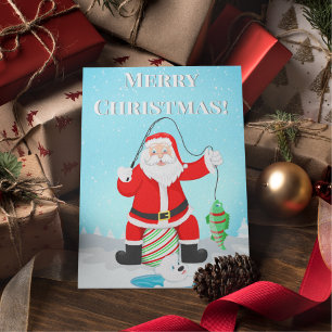 Funny Santa Ice Fishing With Polar Bear Postcard