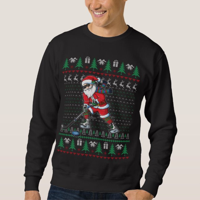 Funny Santa Ice Hockey Player Ugly Sweater Christm (Front)