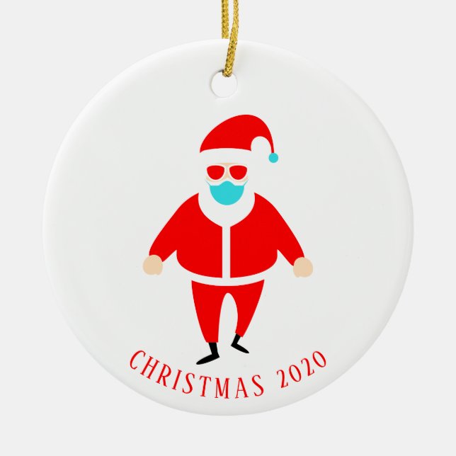 Funny Santa in Face Mask Personalised Christmas Ceramic Ornament (Front)