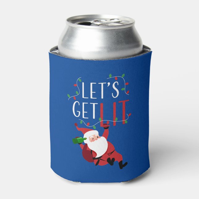 Funny Santa Let's Get Lit Christmas Slogan Can Cooler (Can Front)