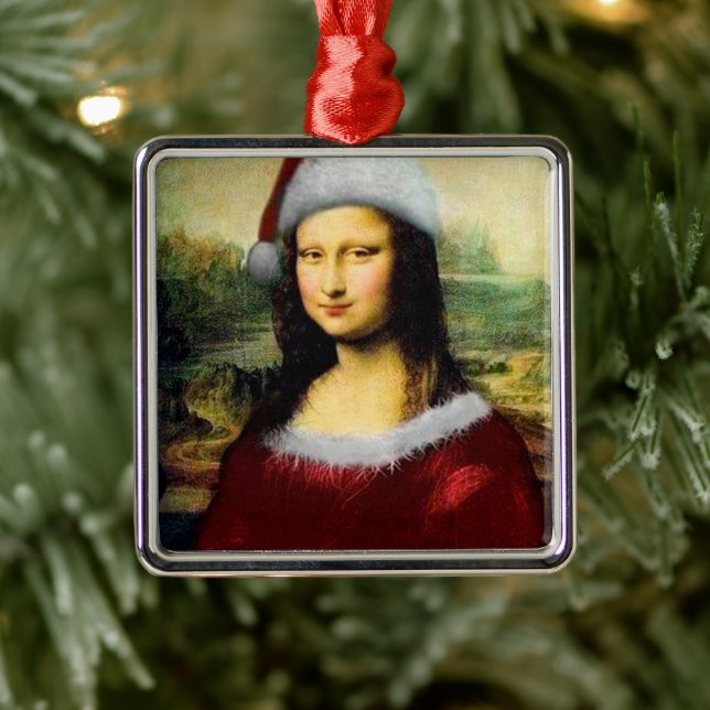 Funny Santa Mona Lisa Merry Christmas  Metal Ornament (Tree)