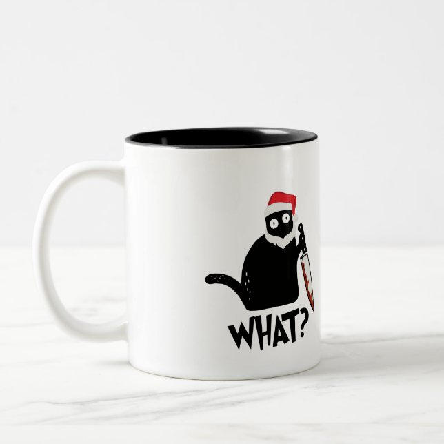 Funny Santa Murderous Black Cat What? With Knife  Two-Tone Coffee Mug (Left)