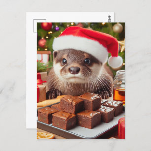 Funny Santa Otter With Brownies for Christmas Postcard