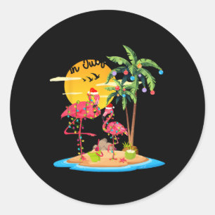 Funny Santa Pink Flamingo Palm Tree Christmas In J Classic Round Sticker