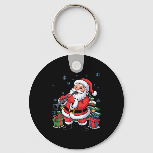 Funny Santa Playing Clarinet Holiday Chrismas Xmas Key Ring (Front)