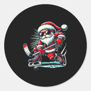 Funny Santa Playing Ice Hockey Lovers Boys Girls C Classic Round Sticker