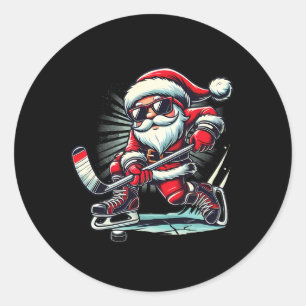 Funny Santa Playing Ice Hockey Lovers Boys Girls C Classic Round Sticker