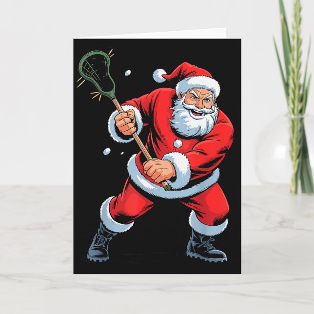 Funny Santa Playing Lacrosse Holiday Christmas Xma Card (Front)