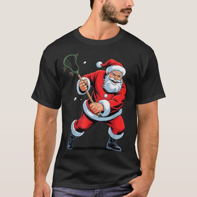 Funny Santa Playing Lacrosse Holiday Christmas Xma T-Shirt (Front)