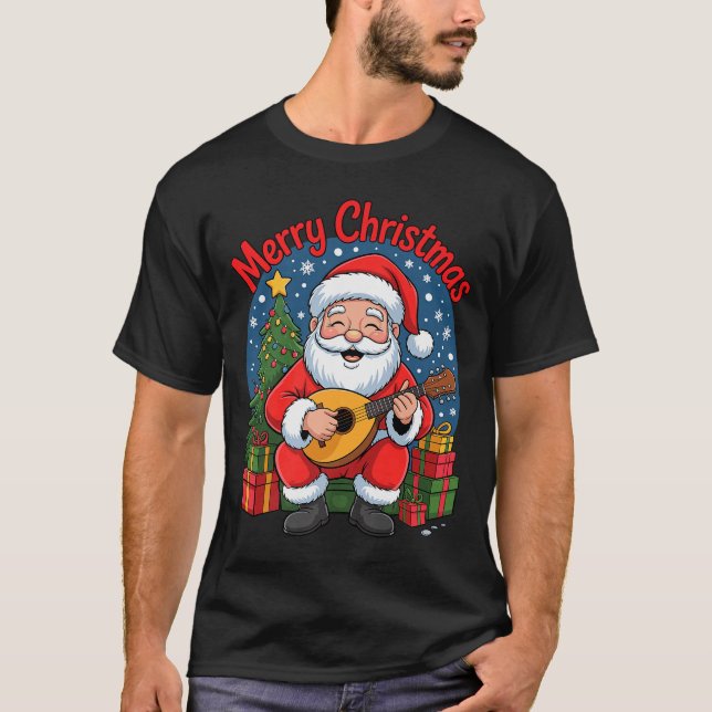 Funny Santa Playing Mandolin Holiday Chrismas Xmas T-Shirt (Front)