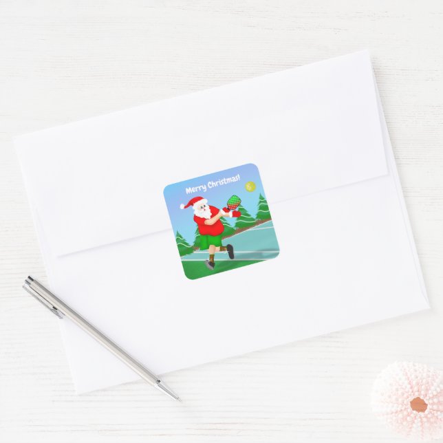 Funny Santa Playing Pickleball Merry Christmas  Square Sticker (Envelope)