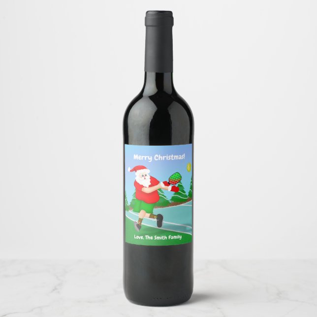Funny Santa Playing Pickleball Merry Christmas  Wine Label (Front)