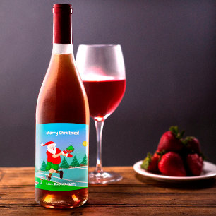 Funny Santa Playing Pickleball Merry Christmas Wine Label