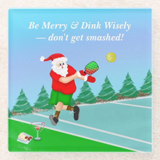 Funny Santa Playing Pickleball Merry Volley Xmas Glass Coaster (Front)