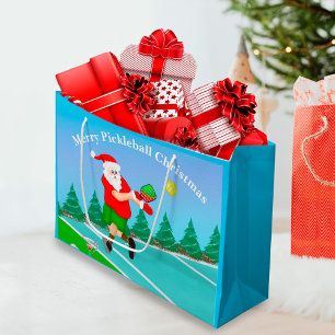 Funny Santa Playing Pickleball Merry Volley Xmas Large Gift Bag