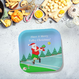 Funny Santa Playing Pickleball Merry Volley Xmas Paper Plate