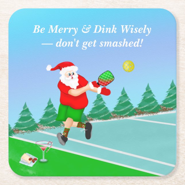 Funny Santa Playing Pickleball Merry Volley Xmas   Square Paper Coaster (Front)