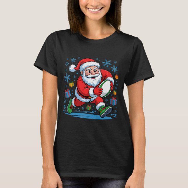 Funny Santa Playing Rugby Holiday Christmas Xmas P T-Shirt (Front)