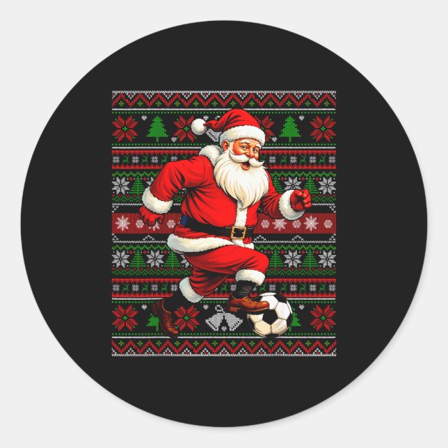 Funny Santa Playing Soccer Ugly Christmas Sweater  Classic Round Sticker (Front)