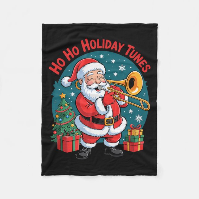 Funny Santa Playing Trombone Holiday Chrismas Xmas Fleece Blanket (Front)