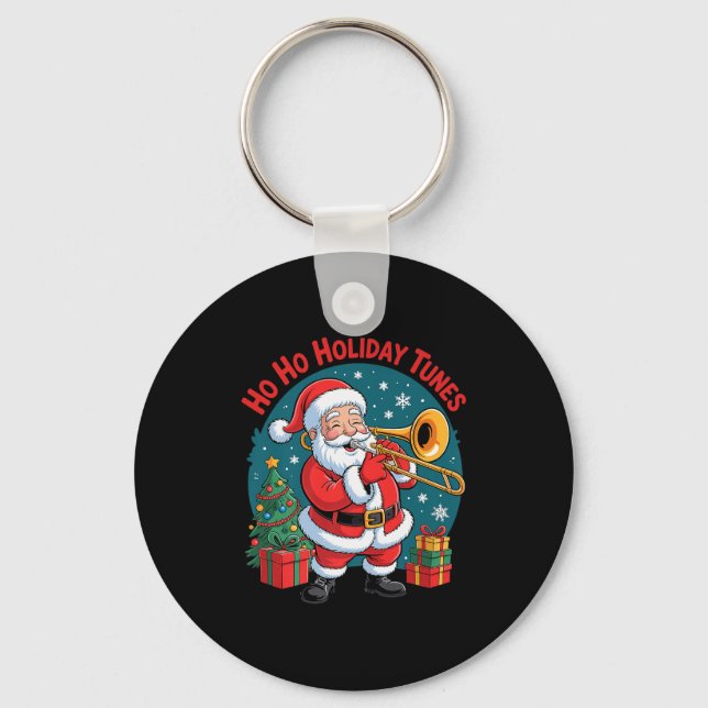 Funny Santa Playing Trombone Holiday Chrismas Xmas Key Ring (Front)