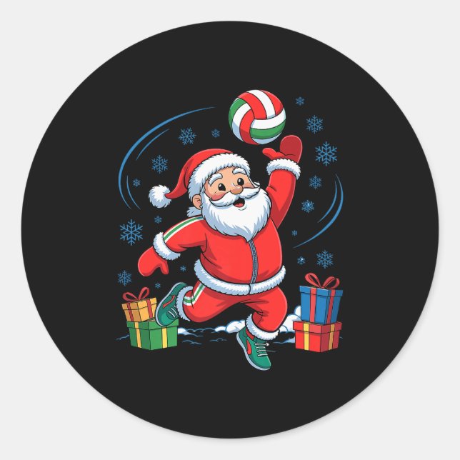 Funny Santa Playing Volleyball Holiday Christmas X Classic Round Sticker (Front)