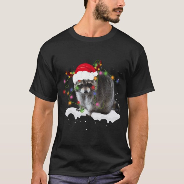 Funny Santa Racoon Animal Christmas Lights Lover  T-Shirt (Front)