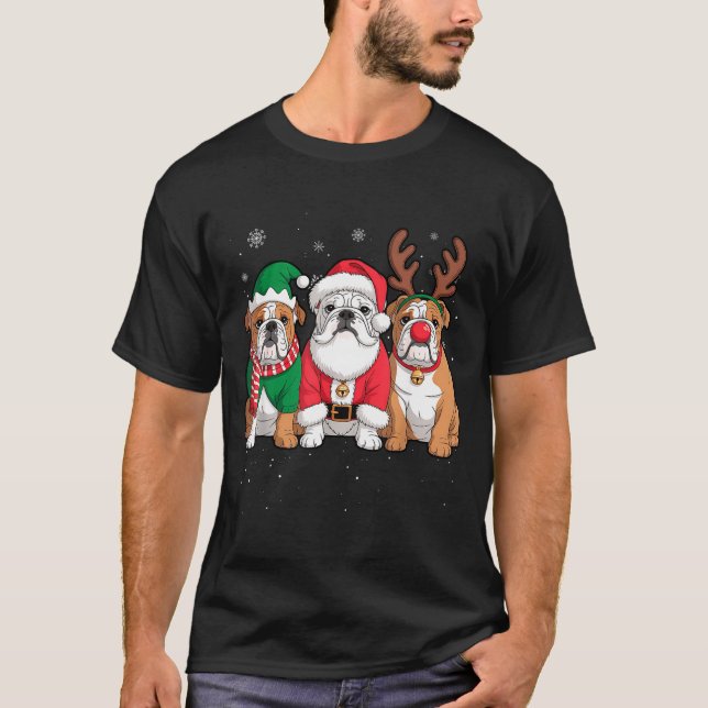 Funny Santa Reindeer English Bulldog Dog Women Men T-Shirt (Front)