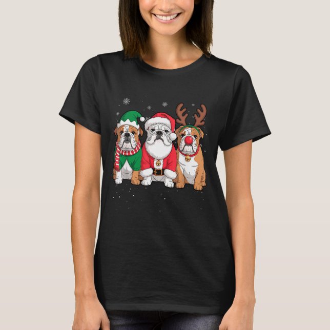 Funny Santa Reindeer English Bulldog Dog Women Men T-Shirt (Front)