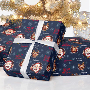 Funny Santa Reindeers Name Navy Blue Christmas Wrapping Paper