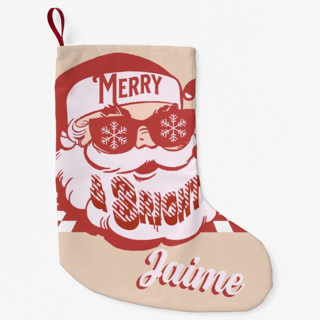 Funny Santa Retro Red Pink Christmas Small Christmas Stocking (Front)