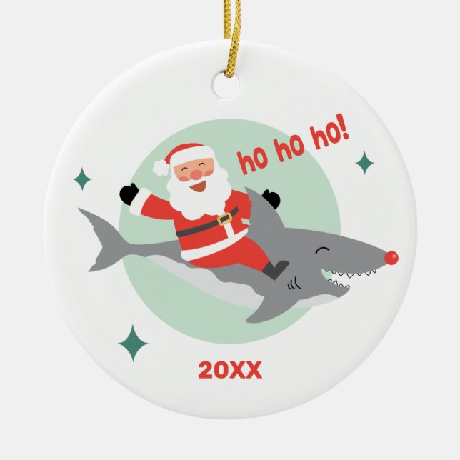 Funny Santa Riding A Shark Name Ceramic Ornament (Front)