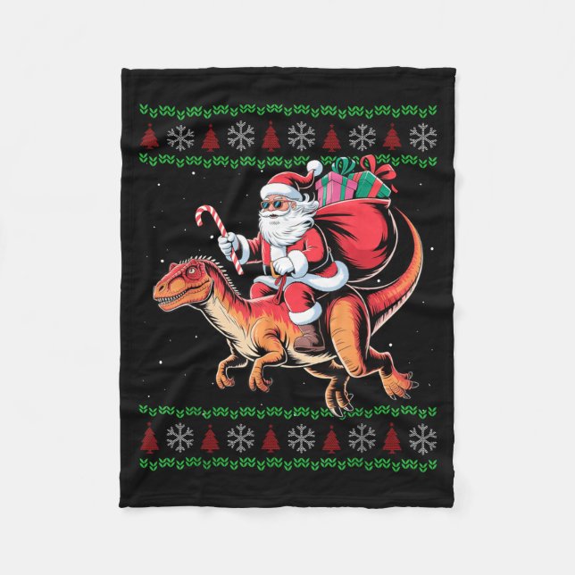 Funny Santa Riding Dinosaur Animal Ugly Christmas  Fleece Blanket (Front)