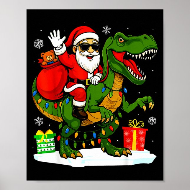 Funny Santa Riding Dinosaur T Rex Christmas Santa  Poster (Front)