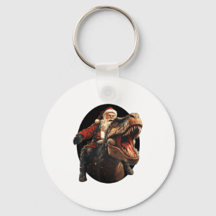 Funny Santa Riding Dinosaur, Vintage Christmas Art Key Ring