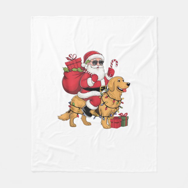 Funny Santa Riding Golden Retriever Dog Christmas  Fleece Blanket (Front)