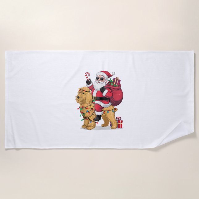 Funny Santa Riding Goldendoodle Dog Christmas  Beach Towel (Front)