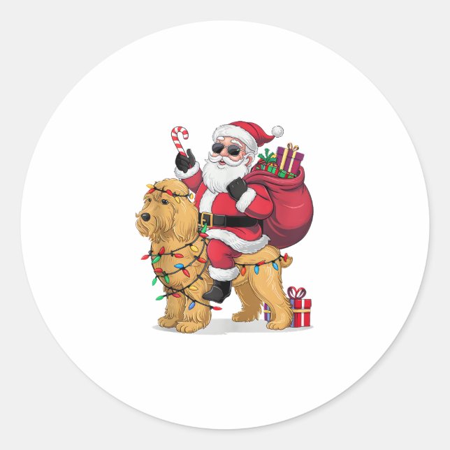 Funny Santa Riding Goldendoodle Dog Christmas  Classic Round Sticker (Front)