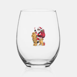 Funny Santa Riding Goldendoodle Dog Christmas Stemless Wine Glass