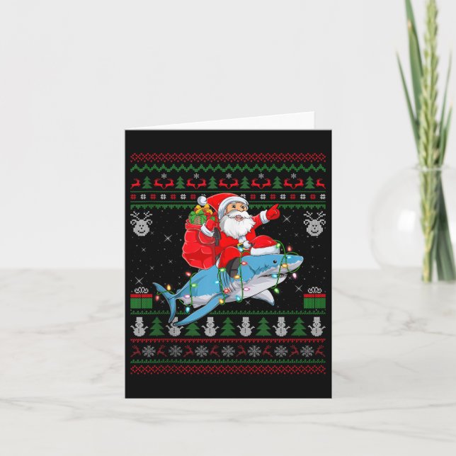 Funny Santa Riding Shark Ugly Christmas Sweaters S Card (Front)