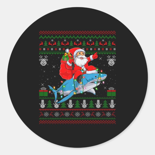 Funny Santa Riding Shark Ugly Christmas Sweaters S Classic Round Sticker (Front)