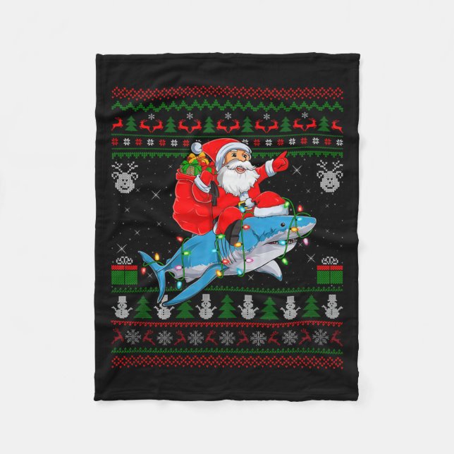 Funny Santa Riding Shark Ugly Christmas Sweaters S Fleece Blanket (Front)