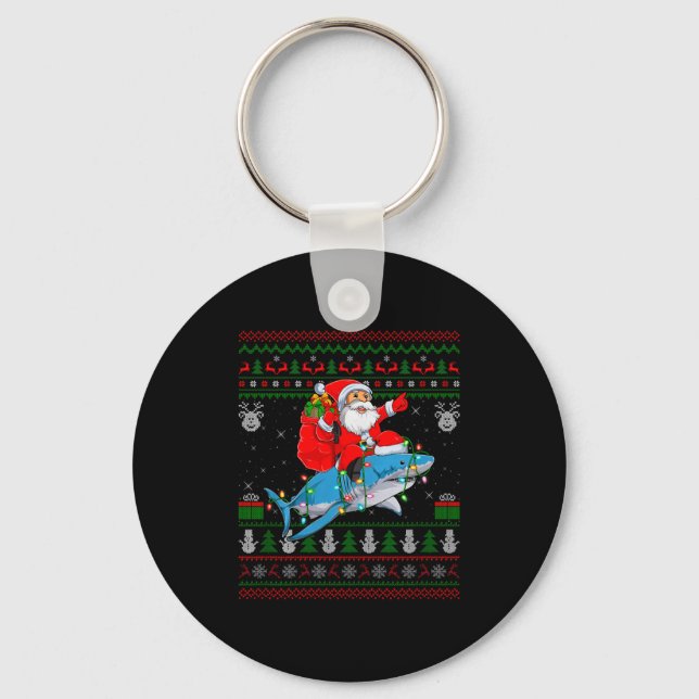 Funny Santa Riding Shark Ugly Christmas Sweaters S Key Ring (Front)